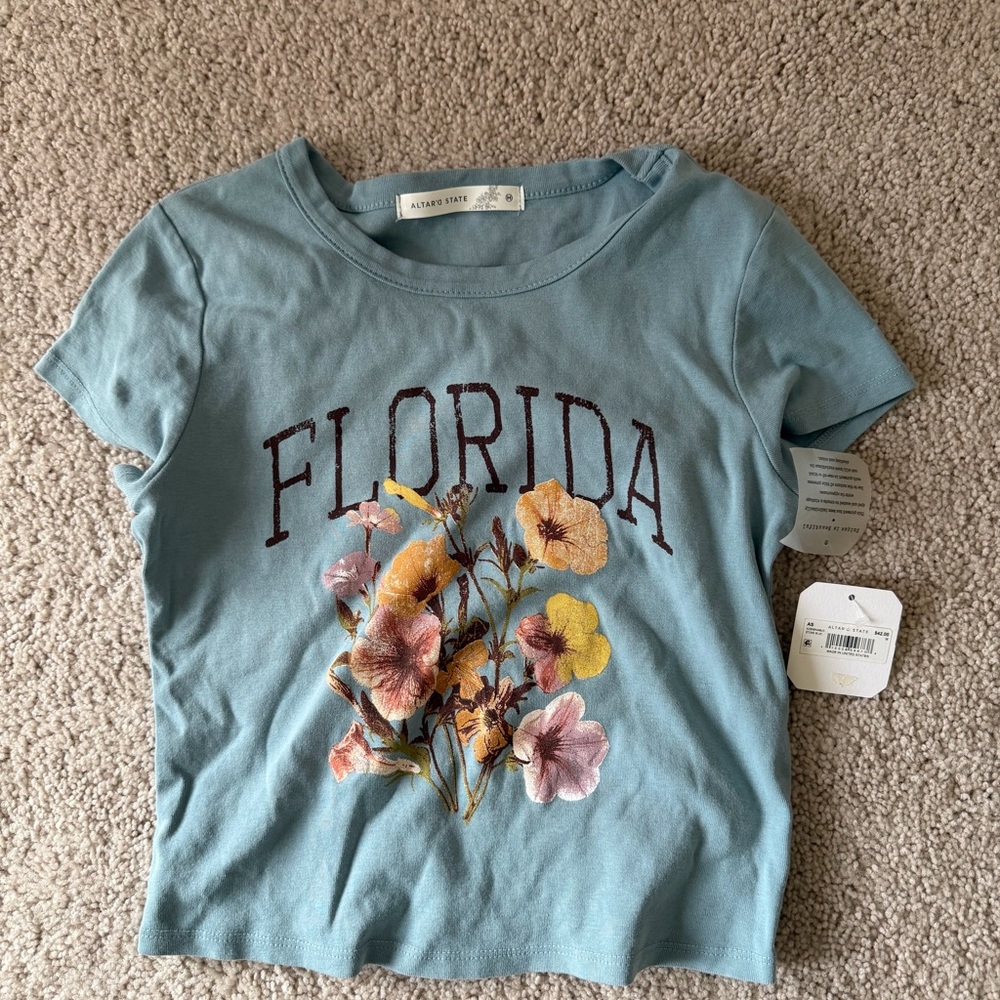 Altar'd State Stone Blue Tee with Floral Graphic